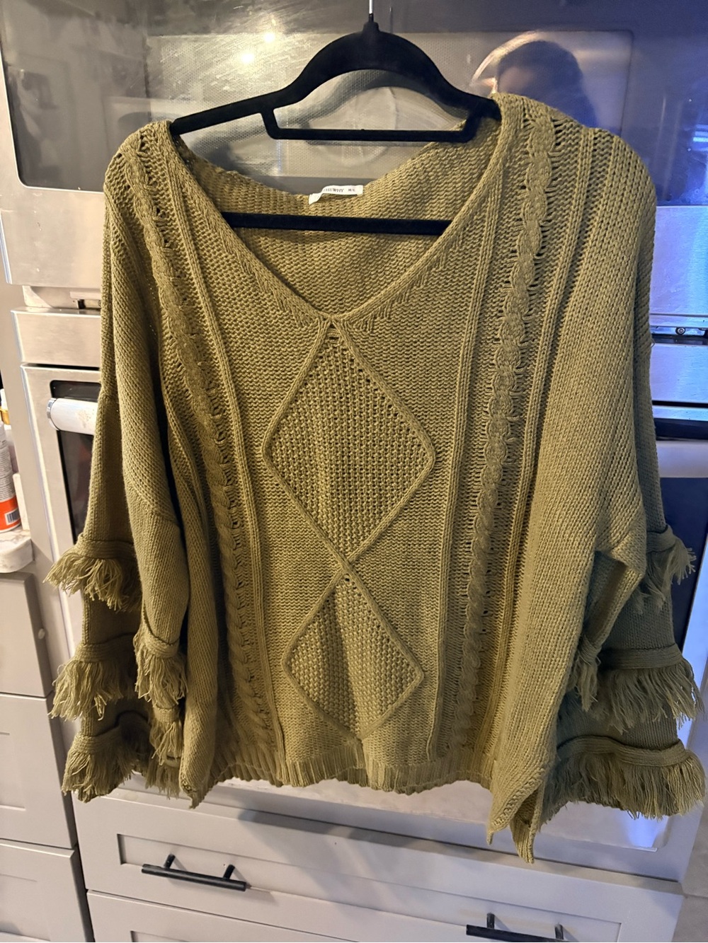 Fringe-Sleeve V-Neck Knit Sweater - Olive